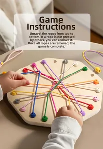 Close-up of a child solving the colorful rope puzzle on an octagonal wooden game board
