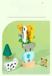 Detailed close-up of animal wooden balance blocks showing stacked elephant and giraffe toys