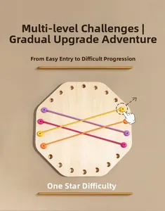 Detail of wooden logic puzzle with colorful elastic strings showing Level 1 difficulty