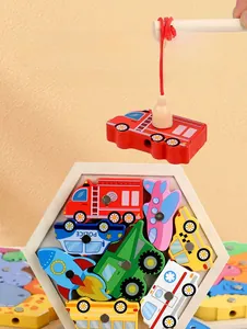 Detailed view of magnetic wooden transport puzzle with hexagon frame and fishing rod