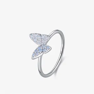 S925 Sterling Silver Butterfly Ring For Women Light Blue Rhinestone Pave Setting Elegant Fairy Style Finger Ring Jewelry
