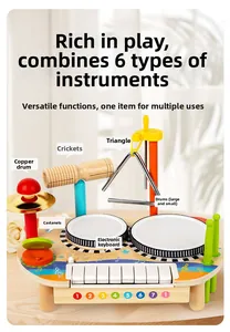 Detail of 6-in-1 wooden musical toy featuring drums, xylophone and percussion for kids