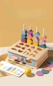 Close-up of wooden Montessori drawer box with geometric shapes and matching logic card
