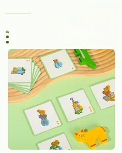 Animal balancing blocks detail showing colorful wooden shapes and 10 double-sided challenge cards