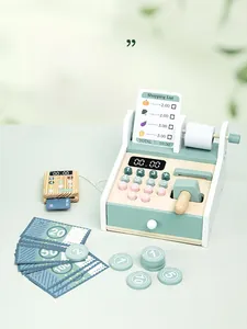 Wooden play cash register set with credit card, coins, and paper money for kids' math learning
