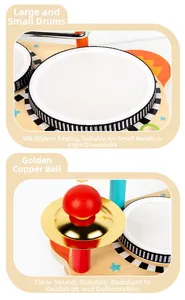 Detail of wooden drum head with blue stars and polished golden metal cymbal component