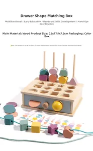 Detailed view of wooden Montessori sorting toy set with colorful shapes and drawer box
