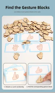 Macro detail of wooden hand gesture puzzle pieces with matching numbered cards for kids
