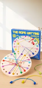 Close-up of brainy knots puzzle toy with colorful ropes and wooden base for kids