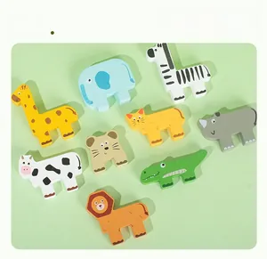 Detailed view of Morandi-colored animal wooden balance blocks with smooth rounded edges