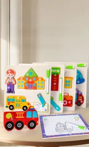 Detail of 2-in-1 wooden puzzle and magnetic drawing board with colorful vehicles and figures