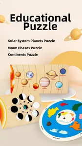 Detail of wooden solar system and continents puzzle set with English educational text