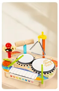 Detail view of wooden music toy set featuring drums, xylophone, and triangle for kids