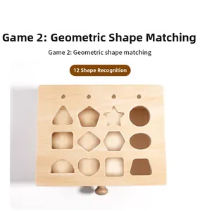 Detail view of Montessori wooden board with twelve different geometric shape cutouts