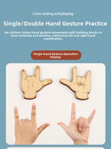 Macro detail of wooden hand gesture puzzle pieces for children cognitive motor training