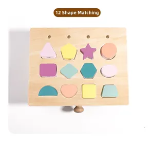 Top view of wooden Montessori sorting box with 12 colorful geometric shape blocks