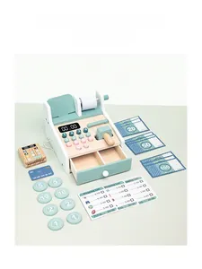 Detailed set of wooden toy cash register with play money coins and shopping lists
