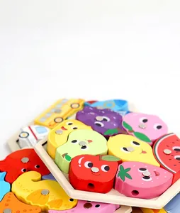 Close-up of colorful wooden fruit and vehicle magnets for kids learning puzzles