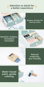 Detailed view of wooden toy cash register with scanner, coins, and VIP card features