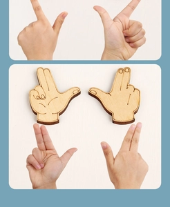 Detail of wooden hand gesture matching puzzle with laser-engraved textures for kids