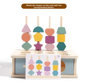 Macro view of Montessori wooden shape matching blocks with pastel geometric pieces and task card