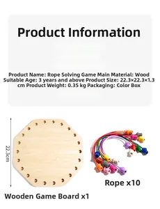 Detailed dimensions of the wooden logic rope puzzle with game board and 10 colored cords