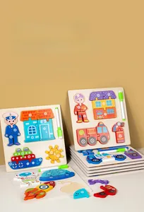 Detail of multi-layer wooden 3D puzzle showing astronaut and rocket pieces for kids