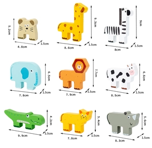 Detailed size chart for nine wooden animal balancing blocks with specific dimensions