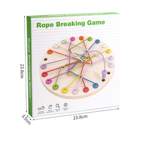 Detailed packaging dimensions for the Rope Breaking wooden educational logic game