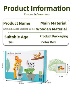 Wooden animal balance stacking blocks toy set with dimensions and packaging box details