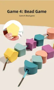 Detailed view of colorful wooden beads and lacing string for Montessori learning