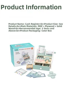 Detailed view of wooden cash register toy set with cards, coins and play money