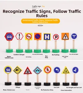 Detailed set of 16 wooden traffic sign blocks for kids' safety education and play
