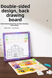 Double-sided wooden educational puzzle with whiteboard, markers and vehicle pieces