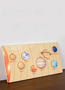 Close-up of wooden solar system puzzle with eight planets and English name labels