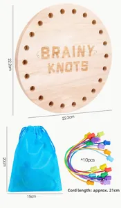 Detail of wooden logic puzzle board with ten colorful ropes and blue mesh storage bag