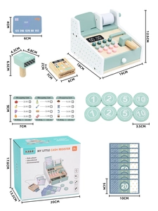 Detailed flat lay of a wooden toy cash register set with scanner, coins, and VIP card