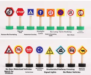 Detailed macro view of 16-piece wooden traffic sign educational toy set for kids