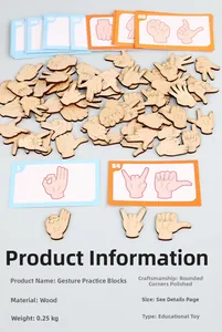Close-up of smooth wooden gesture puzzle blocks with educational number cards on grey background