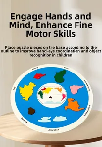 Detail of wooden world map puzzle showing colorful continent pieces on a blue circular base