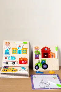 Detail of wooden 3D puzzle set with whiteboard marker and cognitive drawing board