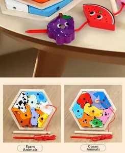 Detail of wooden hexagonal animal puzzles with magnetic farm and ocean theme blocks