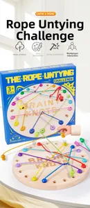 Detailed view of the wooden rope untying game with colored cords and pegs for kids