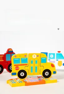 Detail of wooden 3D puzzle with colorful school bus and police car numbered pieces