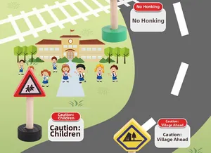 Detailed close-up of wooden traffic signs for children's safety education and Montessori play