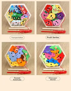Detailed view of four magnetic wooden hexagon puzzles with fishing poles for children