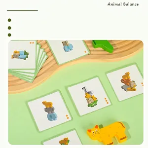 Animal Balance wooden building blocks set with double-sided challenge cards for kids