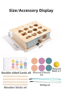 Detailed view of Montessori wooden shape sorter box with all accessories and dimensions