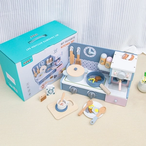 Wooden play kitchen set with stove, clock and accessories in pastel colors with box