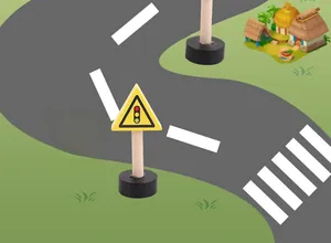 Macro detail of wooden traffic light signal sign for kids educational safety learning